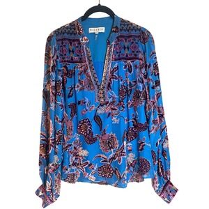 Hale Bob Blue Floral Burnout Velvet Silk Blend Boho Blouse Top Small